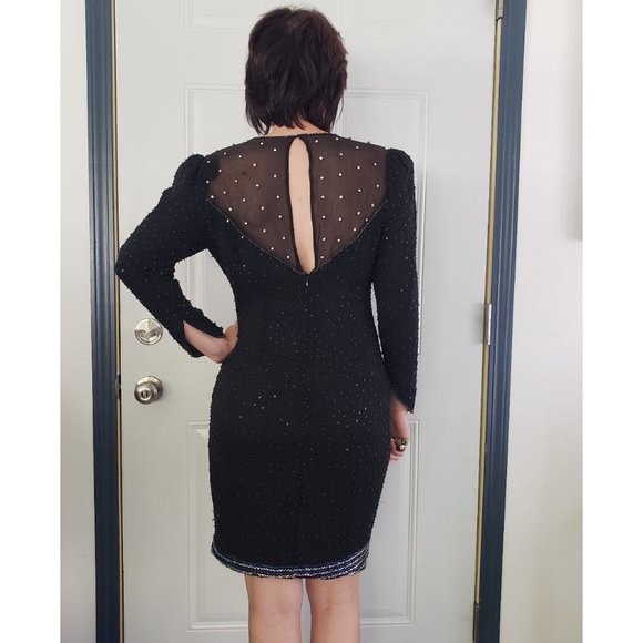 80s Black Silk Beaded Party Dress - Picture 3 of 3